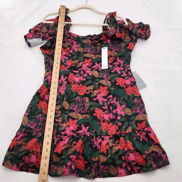NSR Womens Size XL Off-the-shoulder Mini Dress In Black/ Pink Tropical Print - Picture 4 of 7